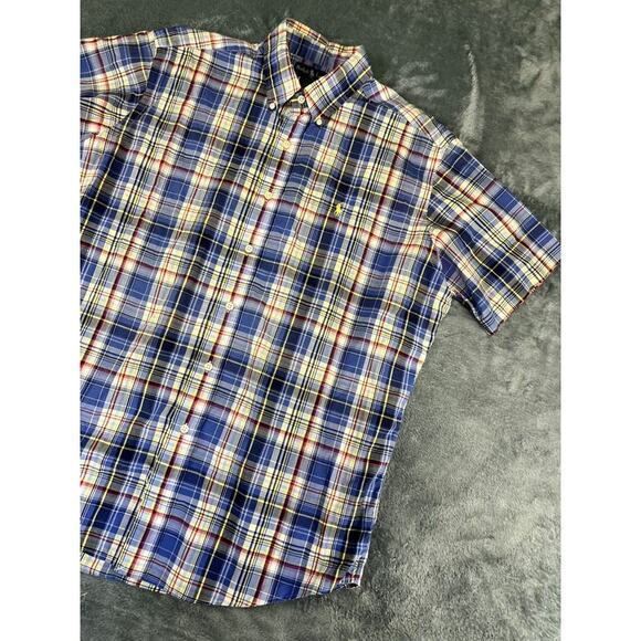 Men's Ralph Lauren Blue Yellow Plaid Button Down Short Sleeve Shirt Size L Exc - Picture 6 of 9